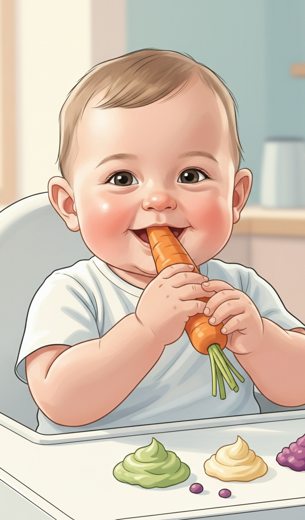 Close-up of a happy 6-month-old baby with no teeth, engaged in self-feeding, holding a soft, cooked carrot stick. The baby's mouth is slightly open, ready to gum the food, with a few crumbs around their mouth, indicating successful exploration. Soft, diffuse lighting focuses on the baby's face and hands, highlighting the interaction with the food. The background is blurred, showing a high chair tray with other small, colorful pieces of soft finger foods like avocado and banana.