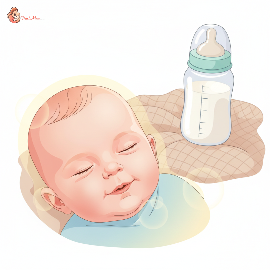Close-up of a baby's face with a content expression after feeding, next to a baby formula bottle and a soft blanket, conveying relief and comfort.