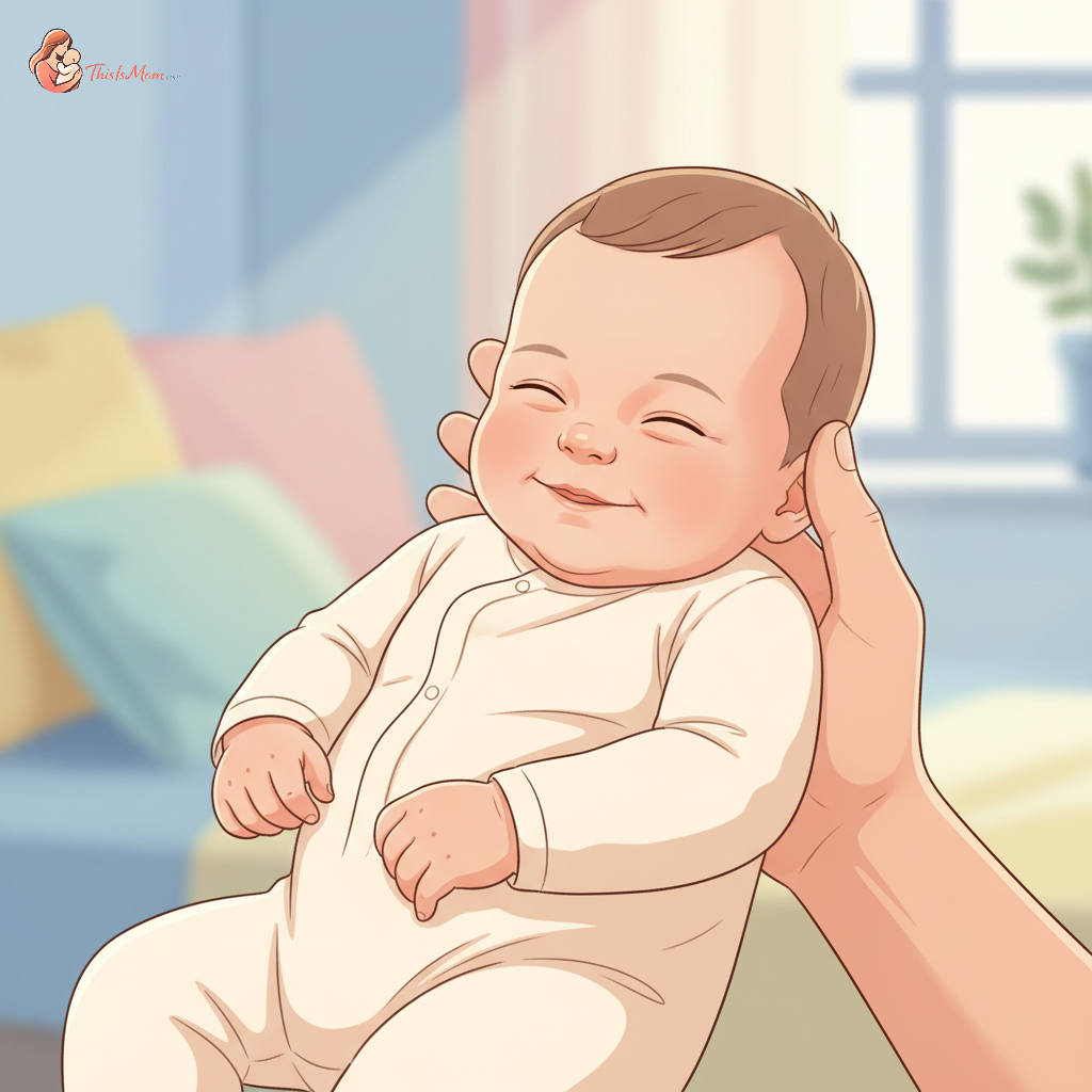 Happy baby looking calm and content after feeding, nestled in parents' arms, with a bottle nearby, illustrating relief from gas and reflux.