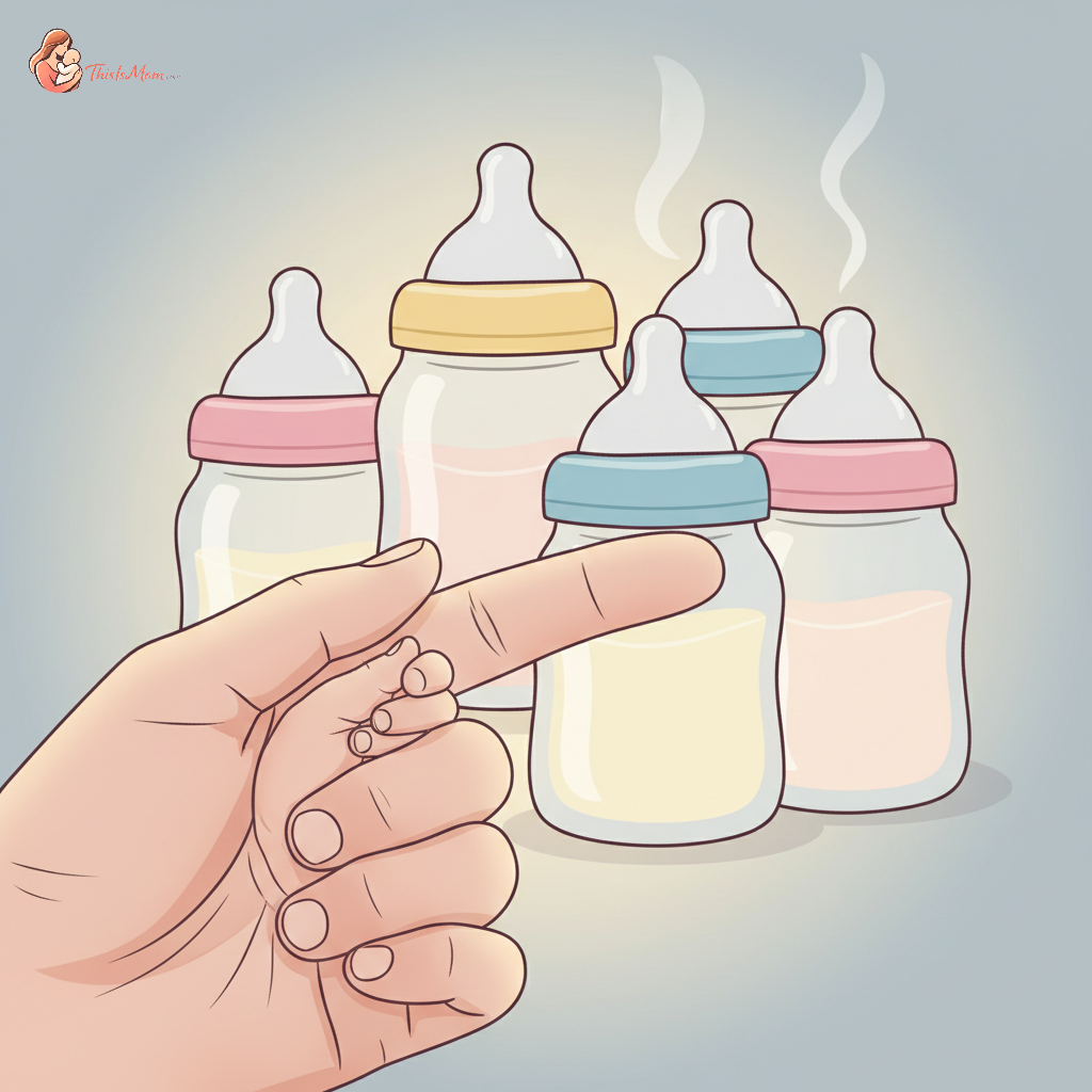 A close-up of a tiny baby's hand gently grasping an adult's finger, with a blurred background of baby formula bottles.