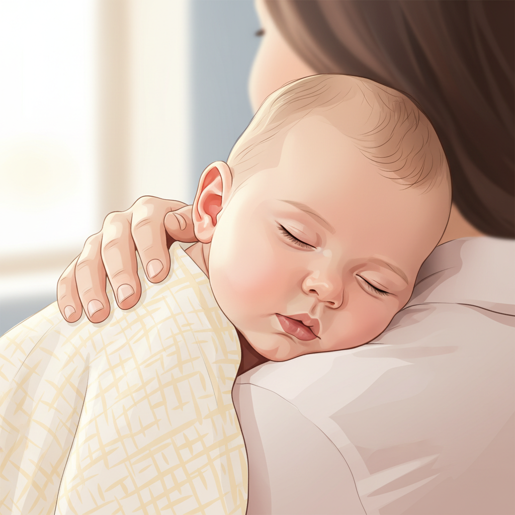 A baby gently burped by a parent, looking comfortable and content after feeding. The setting is soft and warm, emphasizing care and relief.
