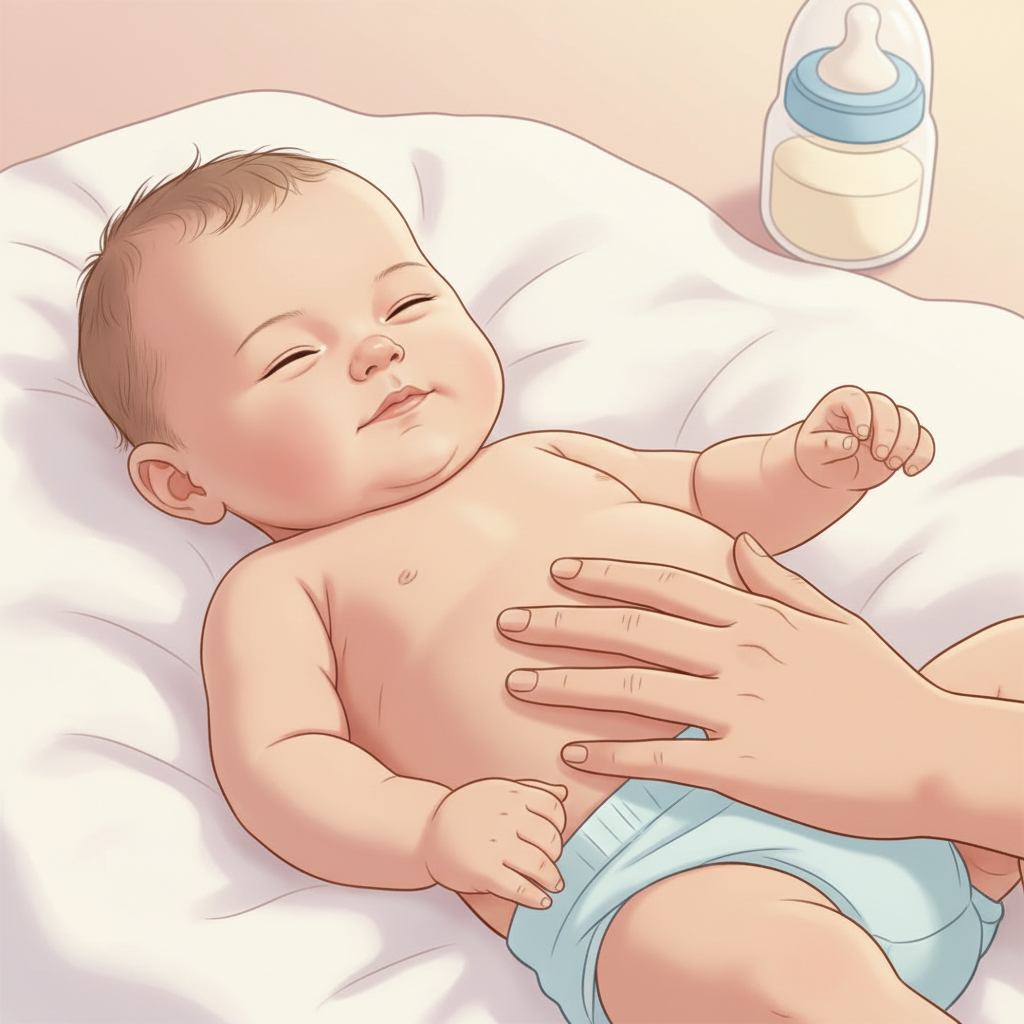 A calm baby lying on a soft blanket, gently supported by a parent's hand on their tummy, with a baby bottle blurred in the background