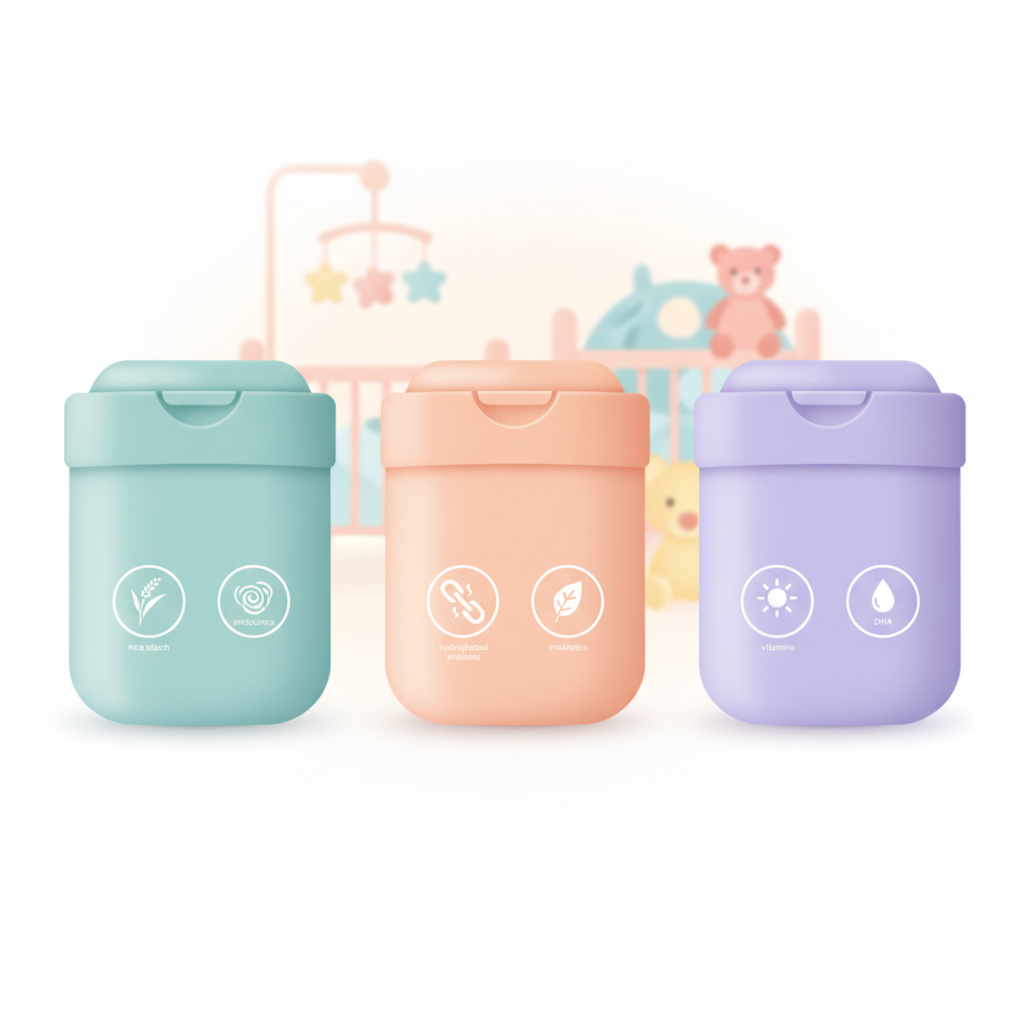 An infographic comparing various baby formula brands, highlighting key ingredients like rice starch and hydrolyzed proteins, alongside pros and cons for silent reflux babies.