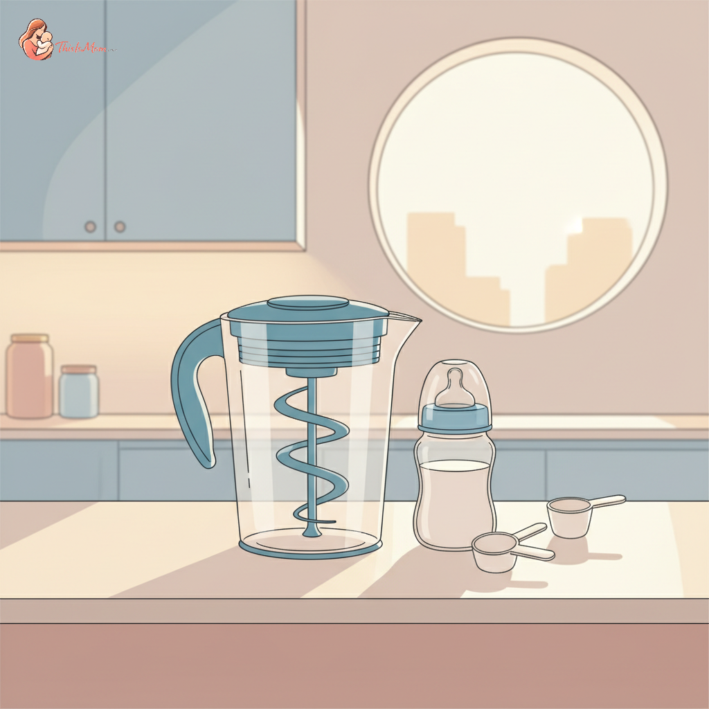 Dr. Brown's Formula Mixing Pitcher with a baby bottle and clean formula scoops next to it on a kitchen counter.