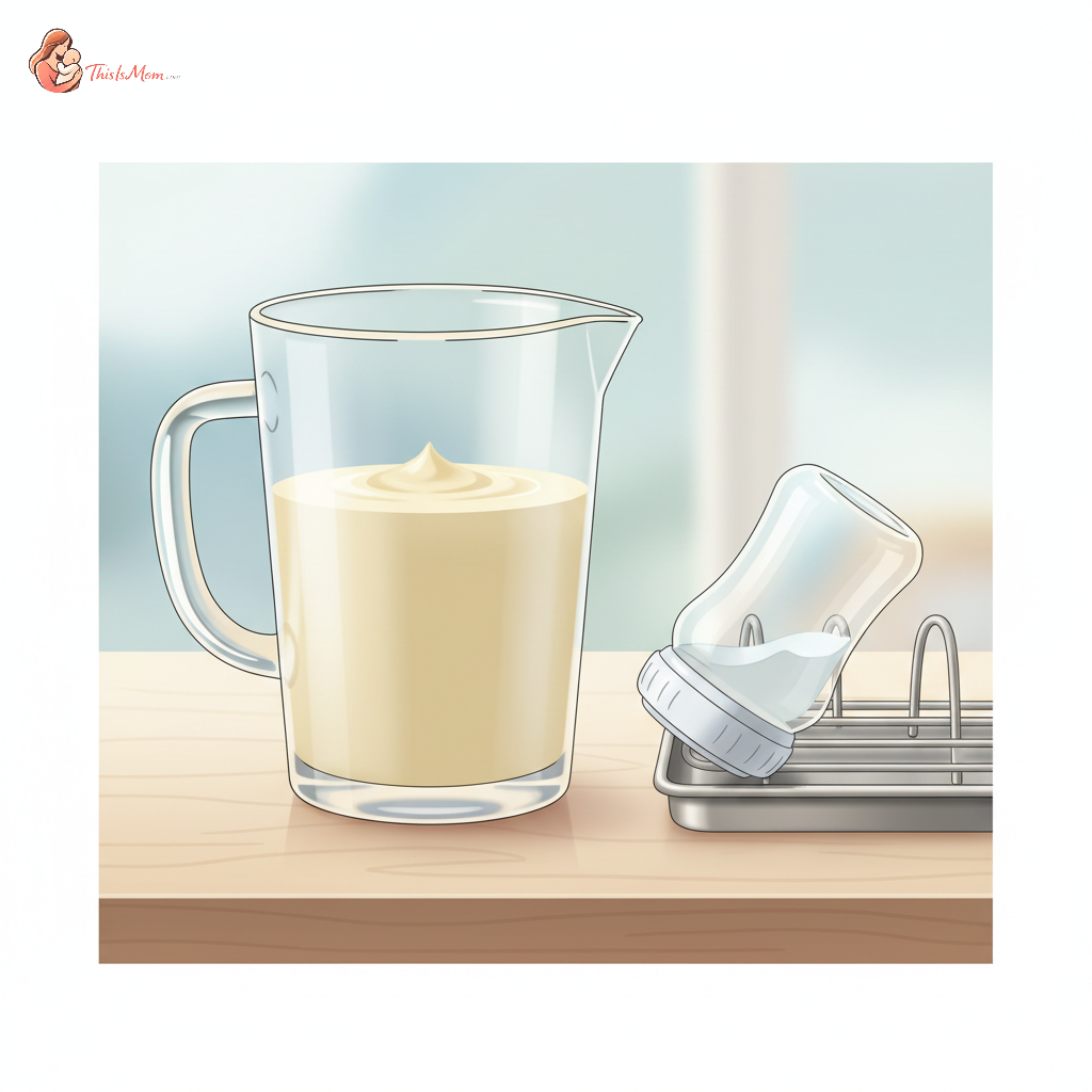 A clear formula mixing pitcher with hypoallergenic formula inside, showing smooth consistency and no bubbles, next to a baby bottle.
