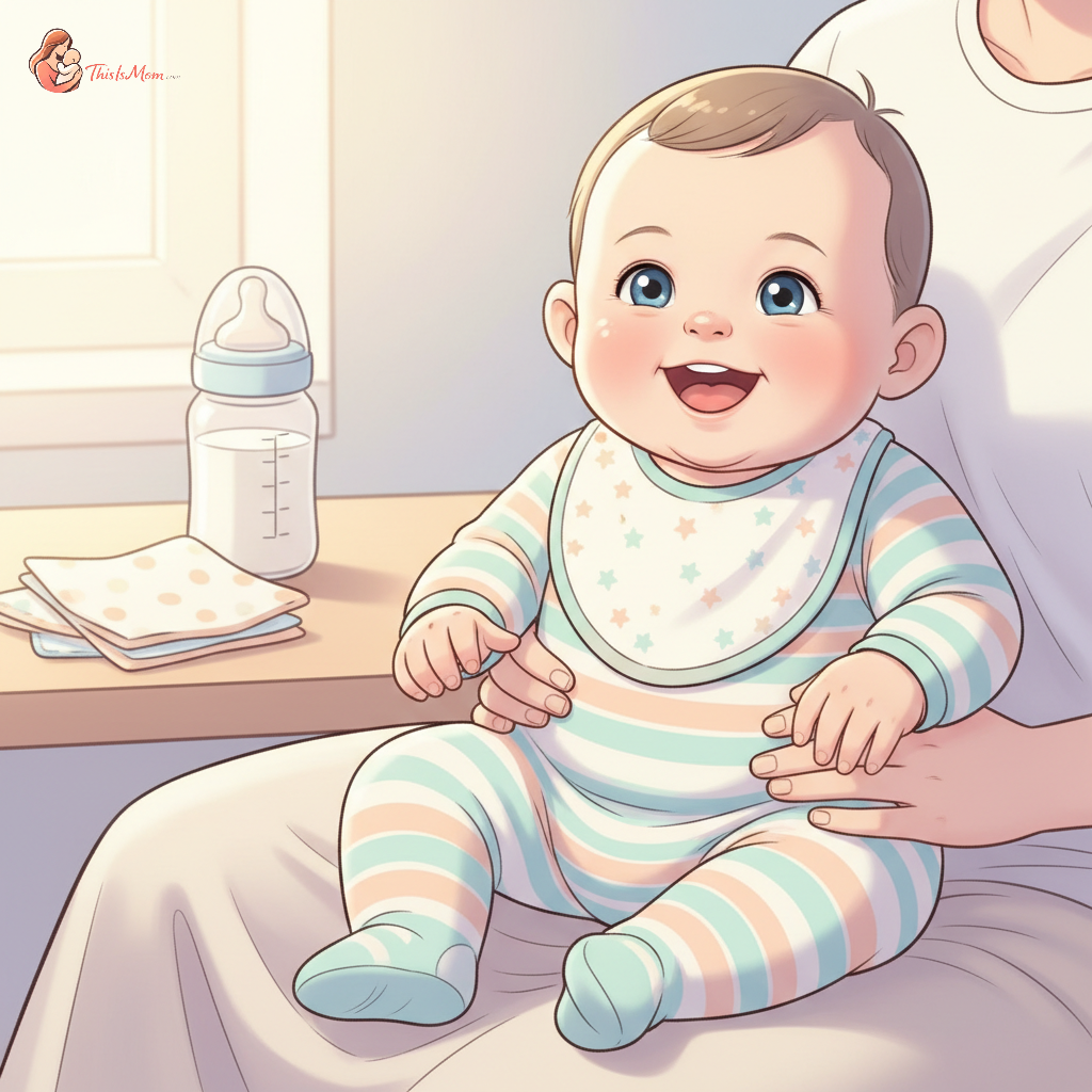 A baby smiling comfortably after feeding, with a bottle nearby, representing relief from reflux and constipation.