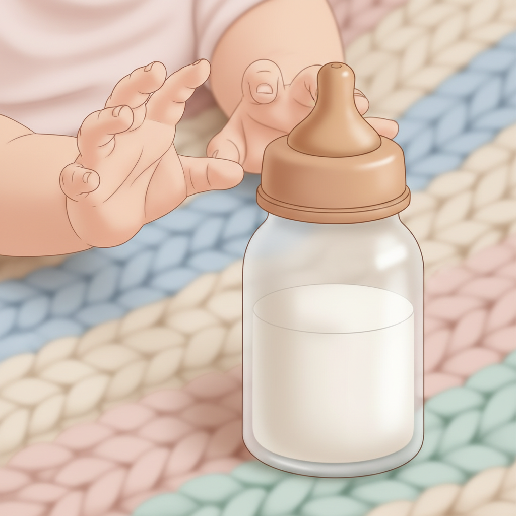 Close-up of a baby bottle filled with milk formula, with a soft, blurred background of a baby's hands reaching towards it.