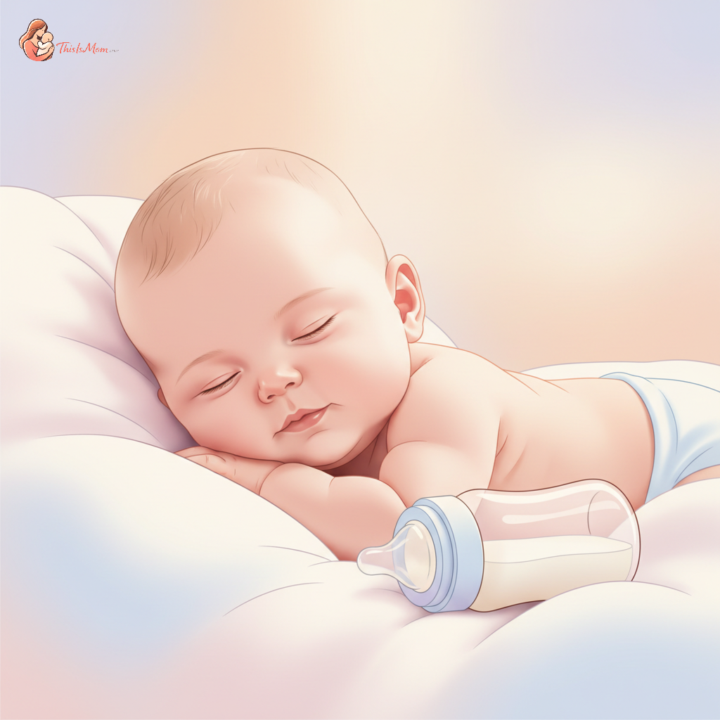 A baby looking contentedly at a bottle of formula, with a soft, warm glow around them, symbolizing comfort and relief from digestive issues.