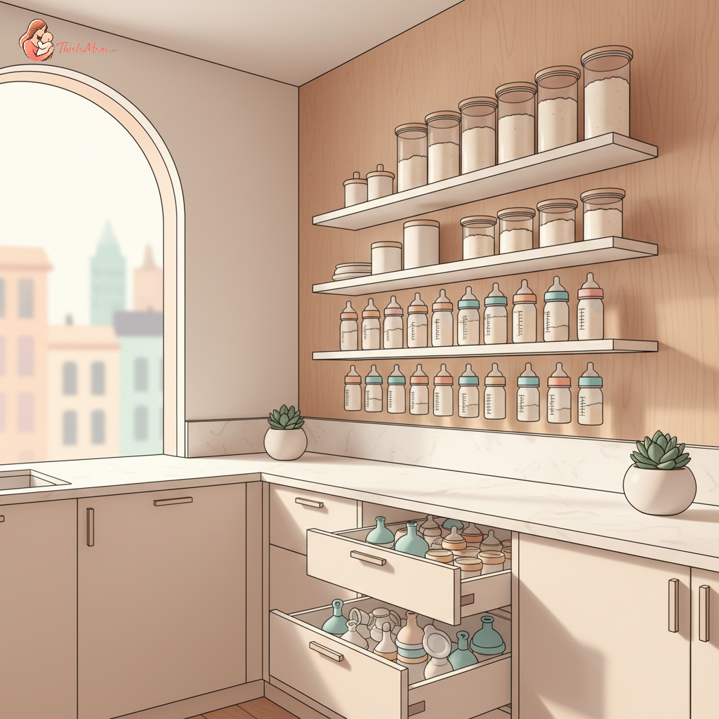 Neatly organized selection of baby formula cans and bottles on compact, space-saving shelves and in clear containers within a small, modern kitchen.