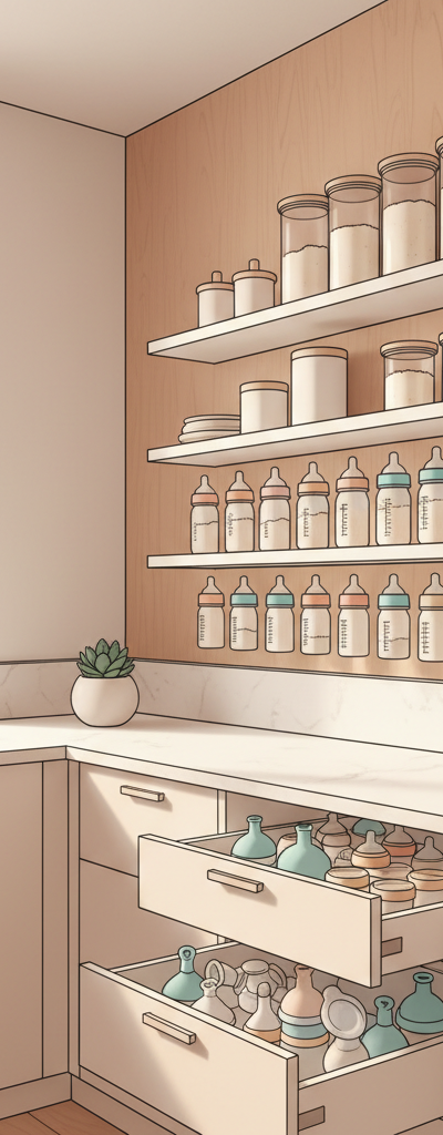 Neatly organized selection of baby formula cans and bottles on compact, space-saving shelves and in clear containers within a small, modern kitchen.