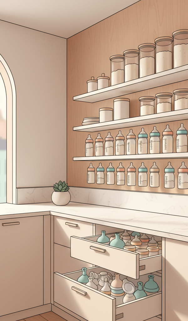 Neatly organized selection of baby formula cans and bottles on compact, space-saving shelves and in clear containers within a small, modern kitchen.
