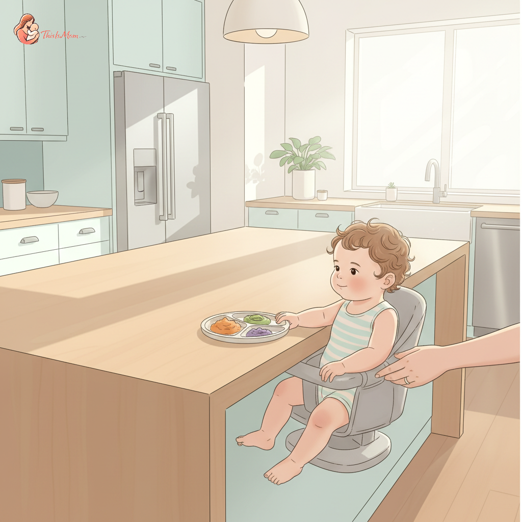 A baby happily sitting in a secure clip-on high chair attached to a modern kitchen island, with a parent smiling nearby.