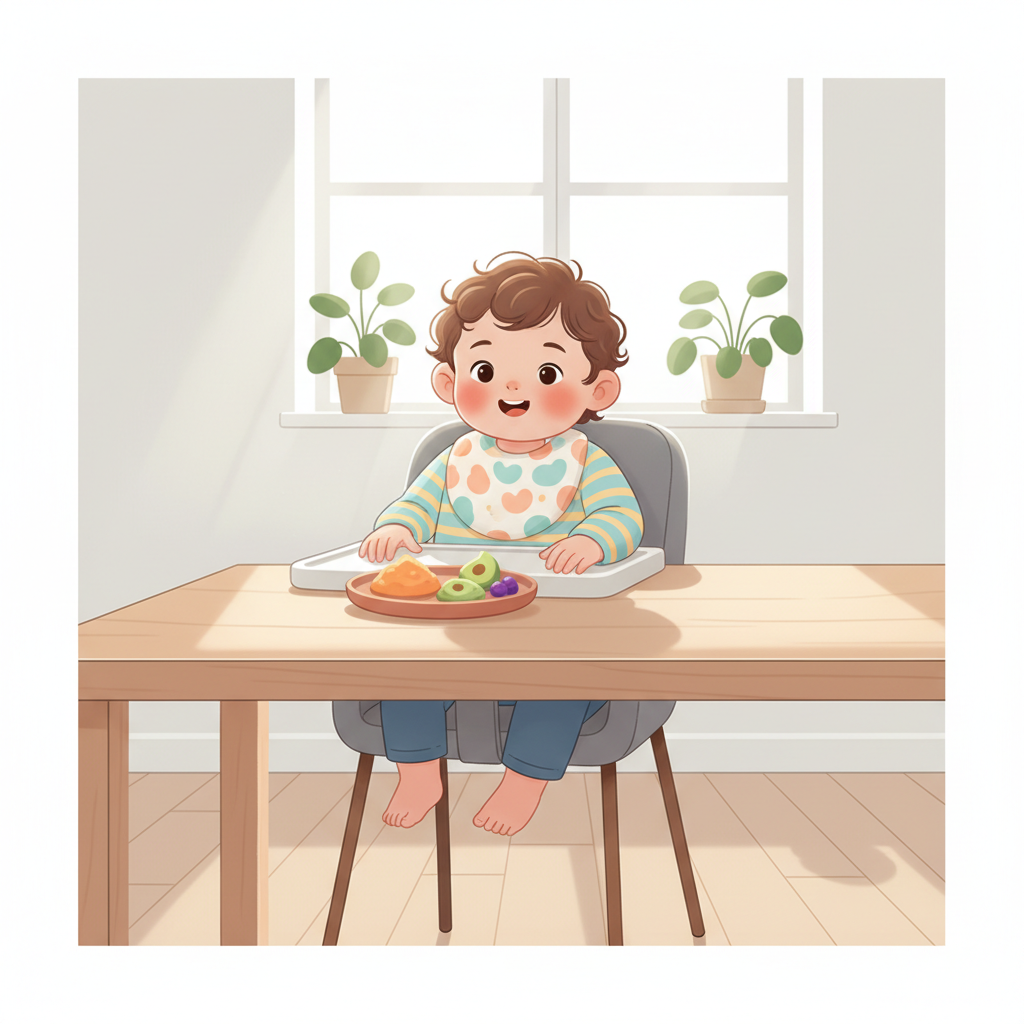 A baby happily sits in a gray hook-on high chair attached to a modern wooden dining table, with a small plate of colorful food in front of them, in a bright, compact kitchen.