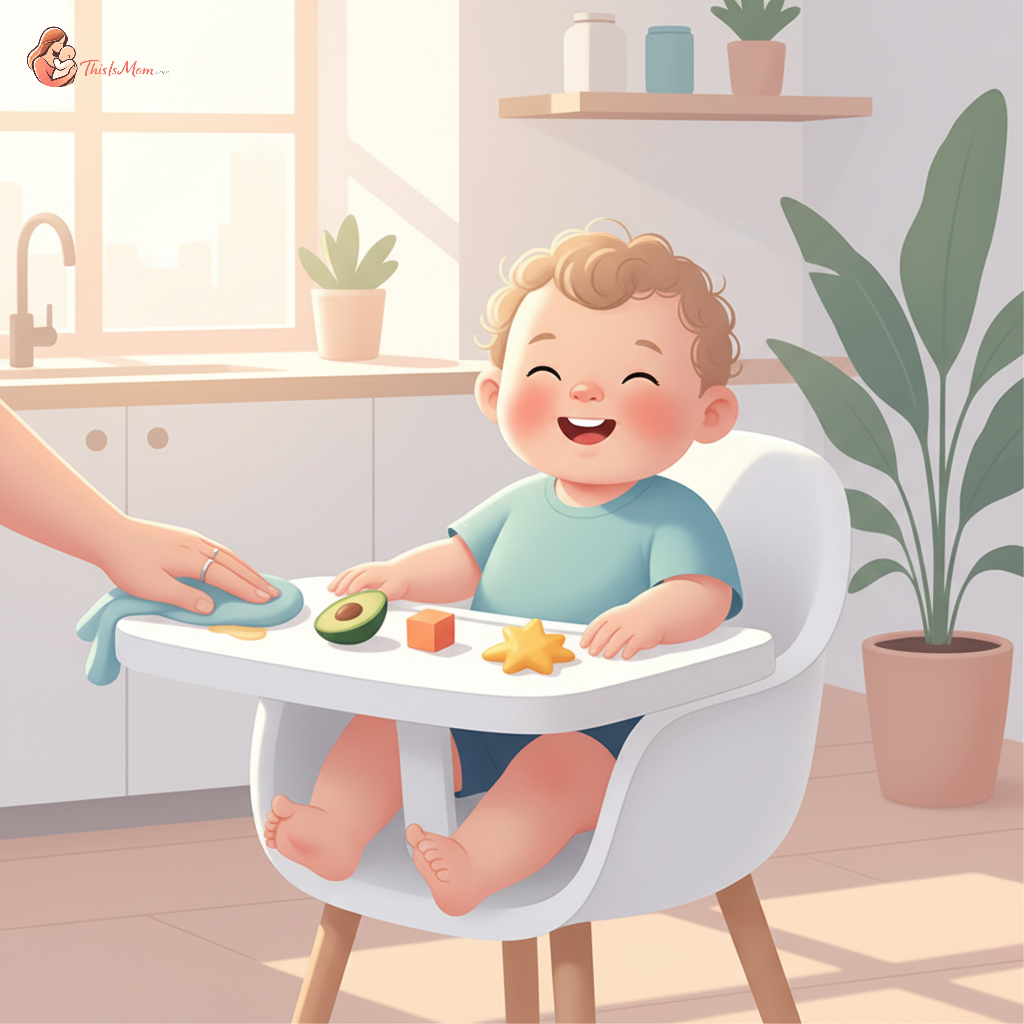 A baby in a high chair, happily exploring food on the tray during baby-led weaning, with a parent easily wiping down the chair