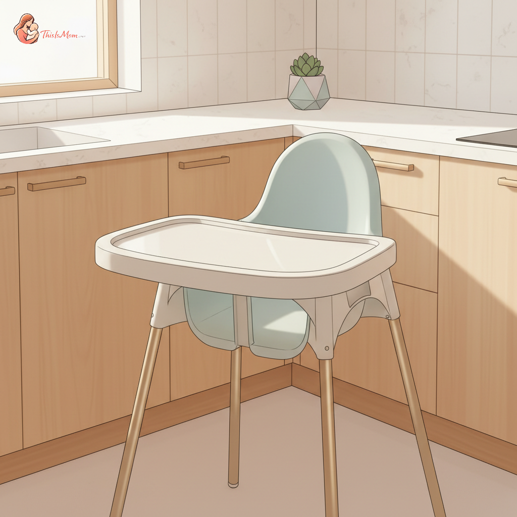 A sleek, modern high chair with no fabric, designed for small spaces, standing in a clean, minimalist kitchen.