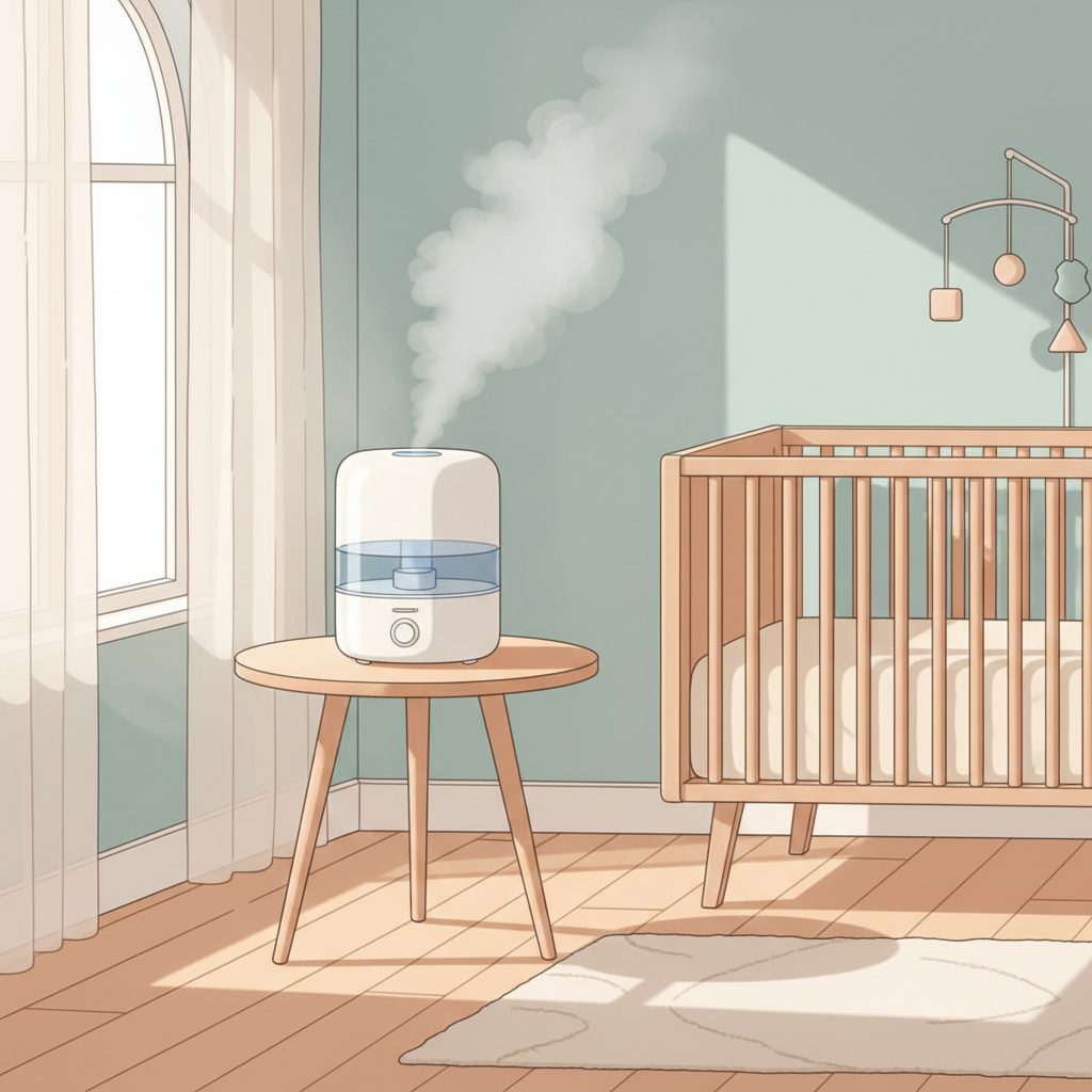 A modern, sleek cool mist humidifier placed on a sturdy wooden side table in a baby's nursery with light-colored hardwood floors, with a soft, diffused glow from the mist.