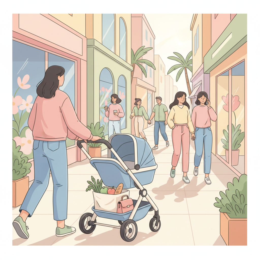 A sleek, modern lightweight stroller being pushed by a parent on a bustling, sunlit city sidewalk, with tall buildings in the background. The stroller's basket is visibly full but tidy.