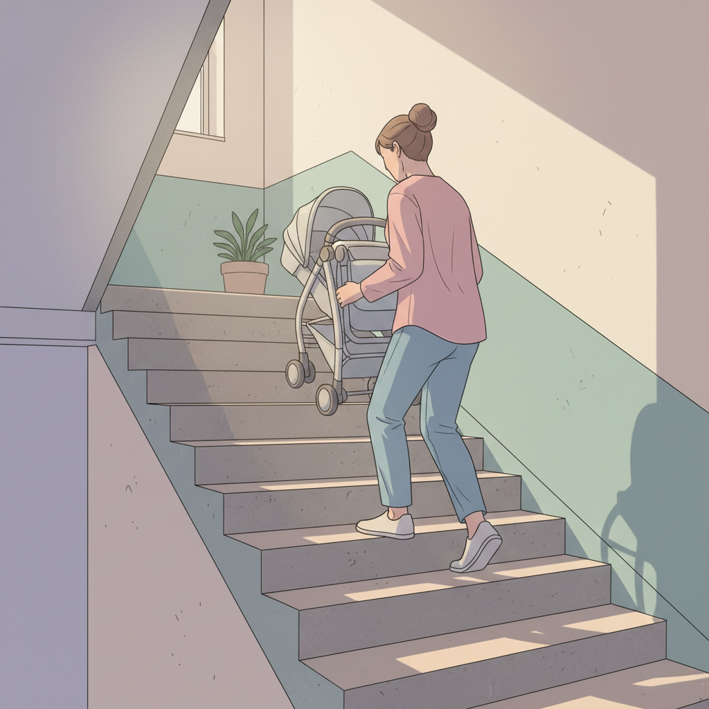 A parent effortlessly lifting a compact, lightweight stroller up a flight of apartment building stairs.
