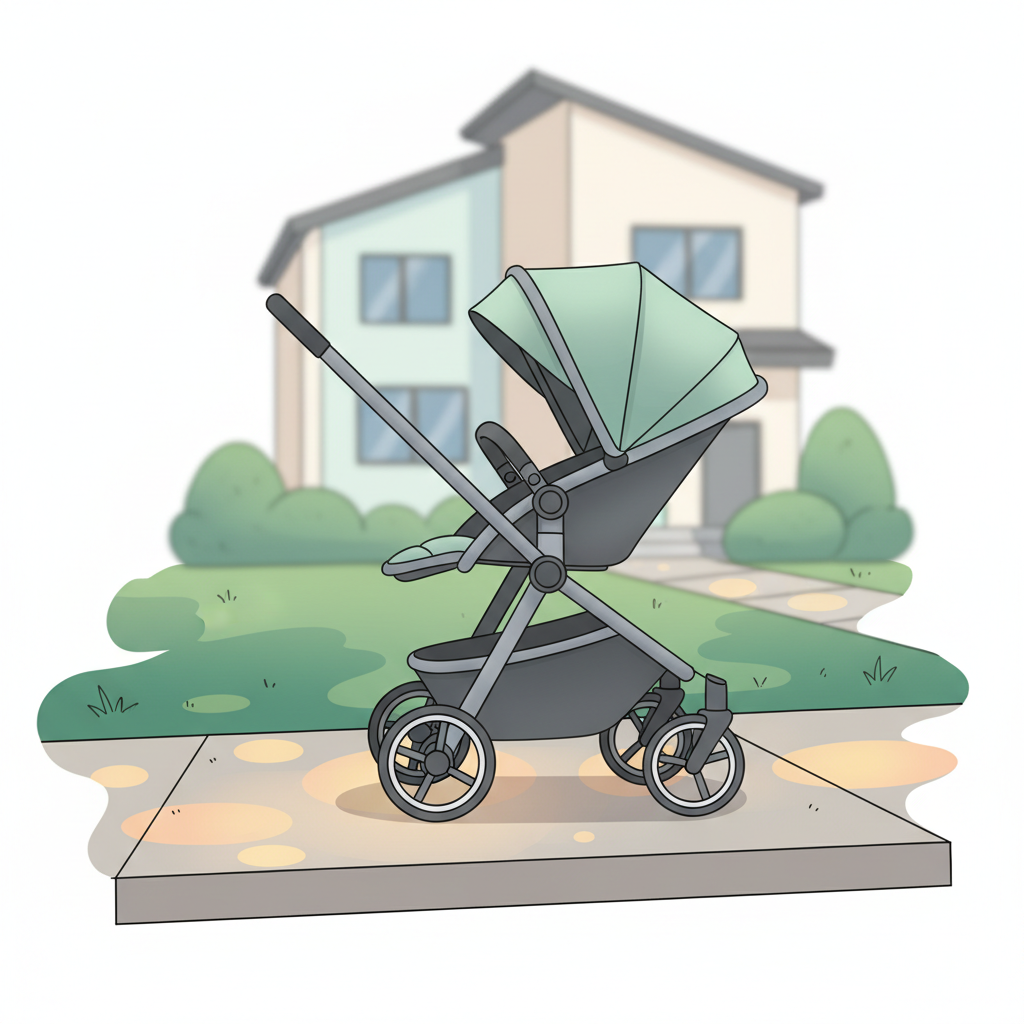 A modern, lightweight stroller parked on a clean suburban sidewalk in front of a neatly kept house.