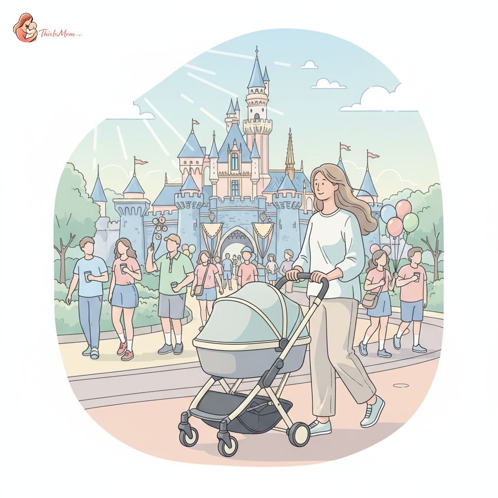 A compact, lightweight stroller with a child sitting inside, being pushed through a sunny, bustling Disneyland park street with a castle visible in the background.