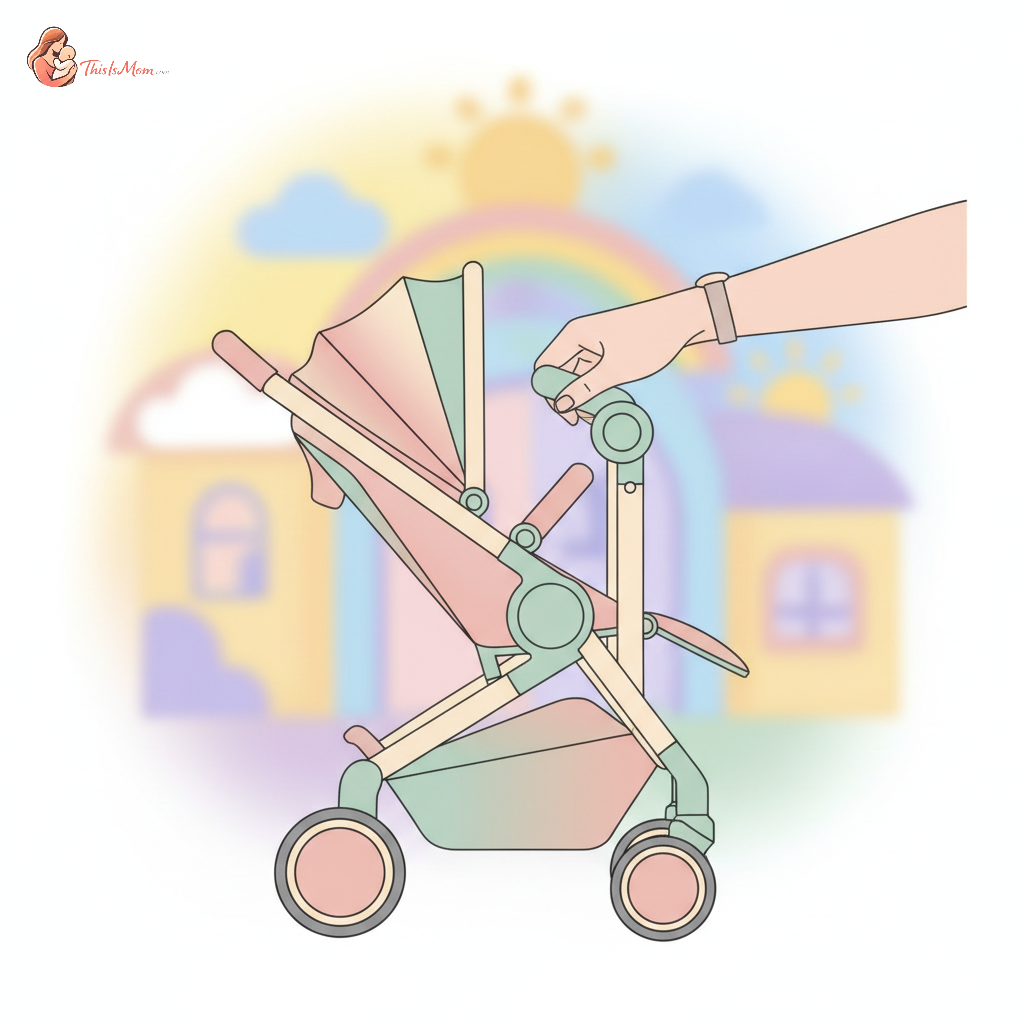 A parent effortlessly folding a compact, lightweight umbrella stroller with one hand while holding a toddler's hand outside a daycare entrance.