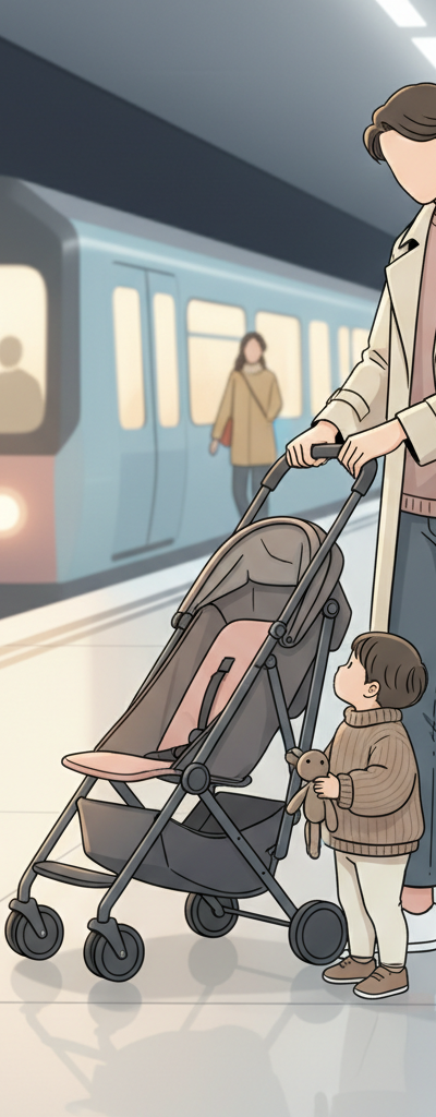 A parent effortlessly folding a compact, lightweight umbrella stroller on a busy city subway platform, with their toddler standing beside them.
