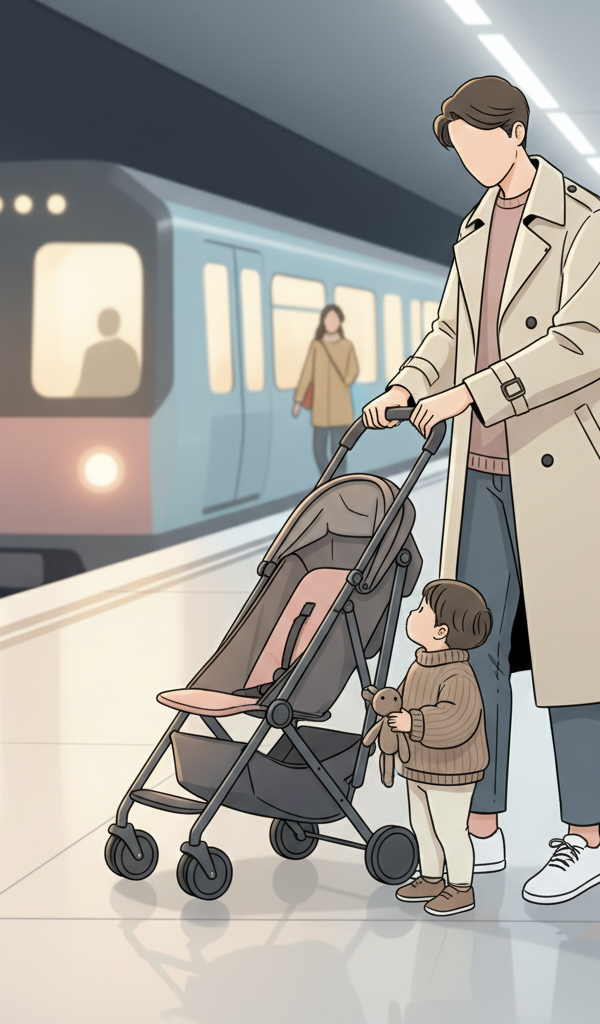 A parent effortlessly folding a compact, lightweight umbrella stroller on a busy city subway platform, with their toddler standing beside them.
