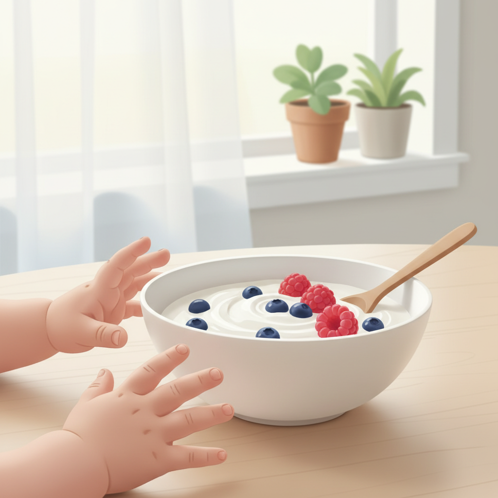 Toddler eating a healthy breakfast of yogurt and berries
