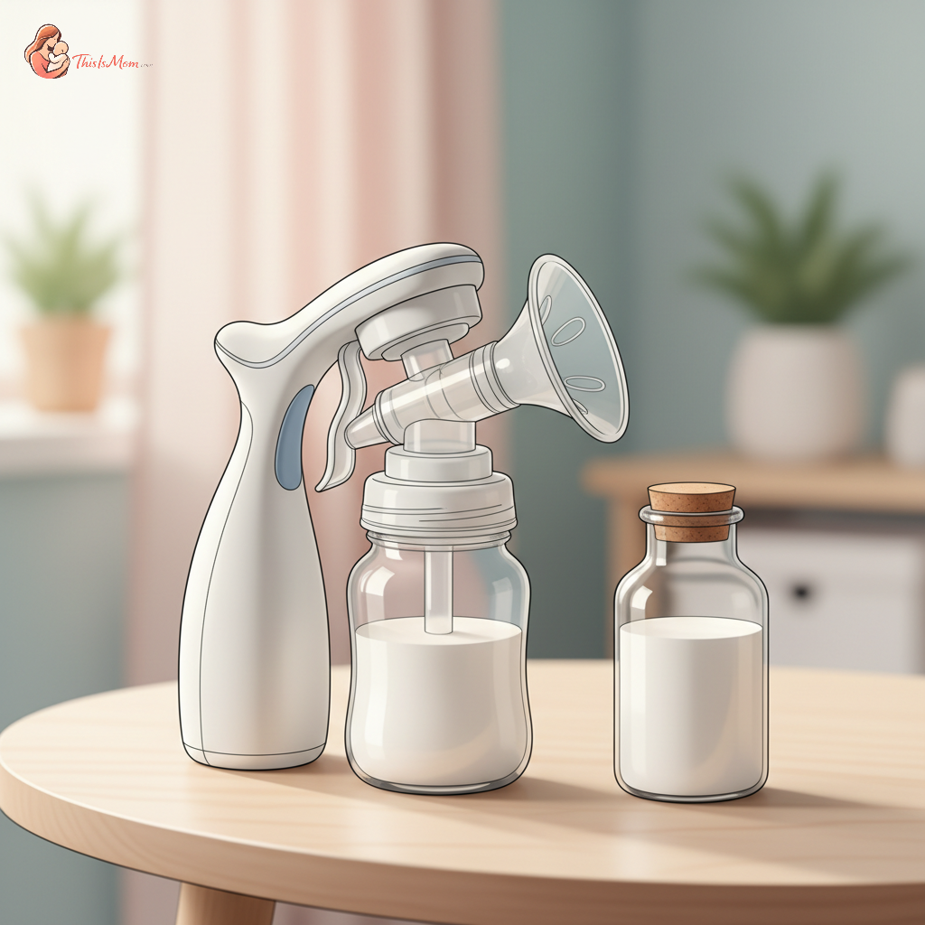 A manual breast pump beside a small bottle of expressed breast milk on a light, clean surface.