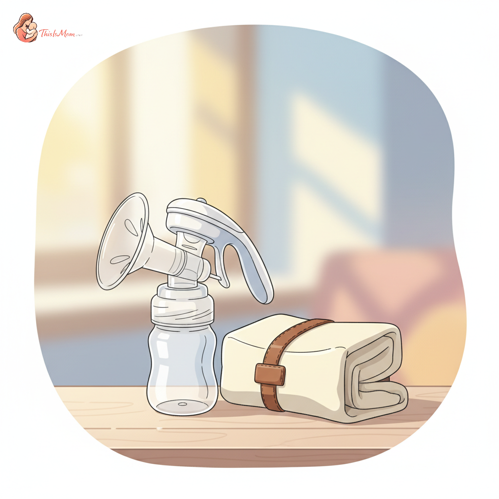 A compact, lightweight manual breast pump placed next to a small overnight bag, implying ease of travel and portability for occasional use.