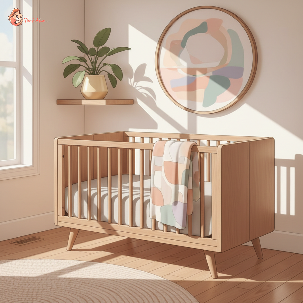 A stylish mid-century modern convertible crib made of natural wood, with visible tapered legs and clean lines, set in a cozy, minimalist nursery.