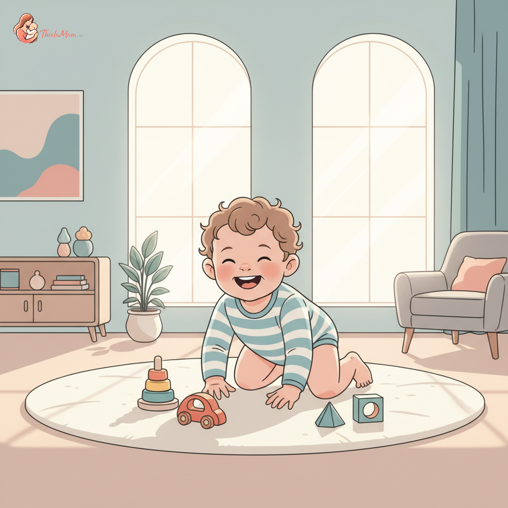 Happy baby crawling on a soft, light-colored playmat with colorful toys scattered around, in a bright, clean living room.