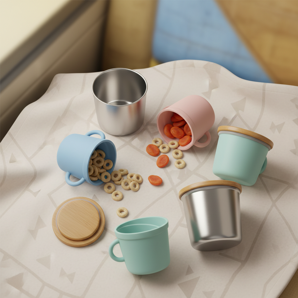 An assortment of colorful non-toxic toddler snack cups made from silicone and stainless steel, shown open and closed with various dry snacks like puffs and berries, arranged neatly on a travel blanket with a slightly blurred background of a car interior or park.