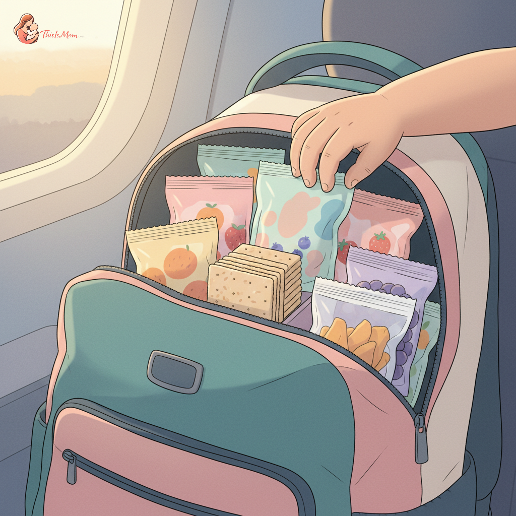 A small child's hand reaching for a colorful fruit pouch from an open backpack filled with various shelf-stable snacks like crackers and dried fruit, set against a blurred background of a car interior or airplane seat.