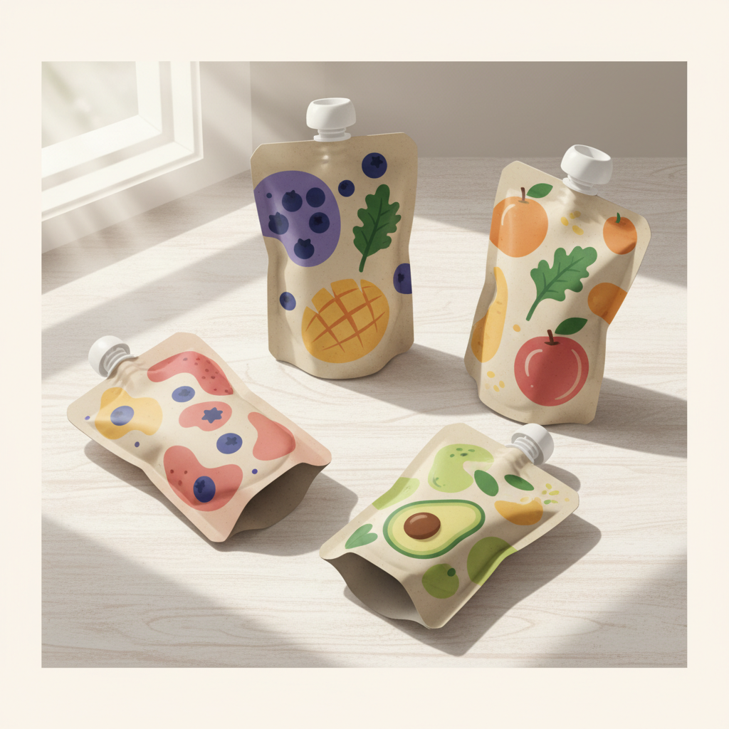 A close-up of a variety of colorful, healthy snack pouches specifically designed for toddlers, some showing fruit and vegetable purees through clear windows, arranged on a picnic blanket with a child's hand reaching for one in a sunny park.