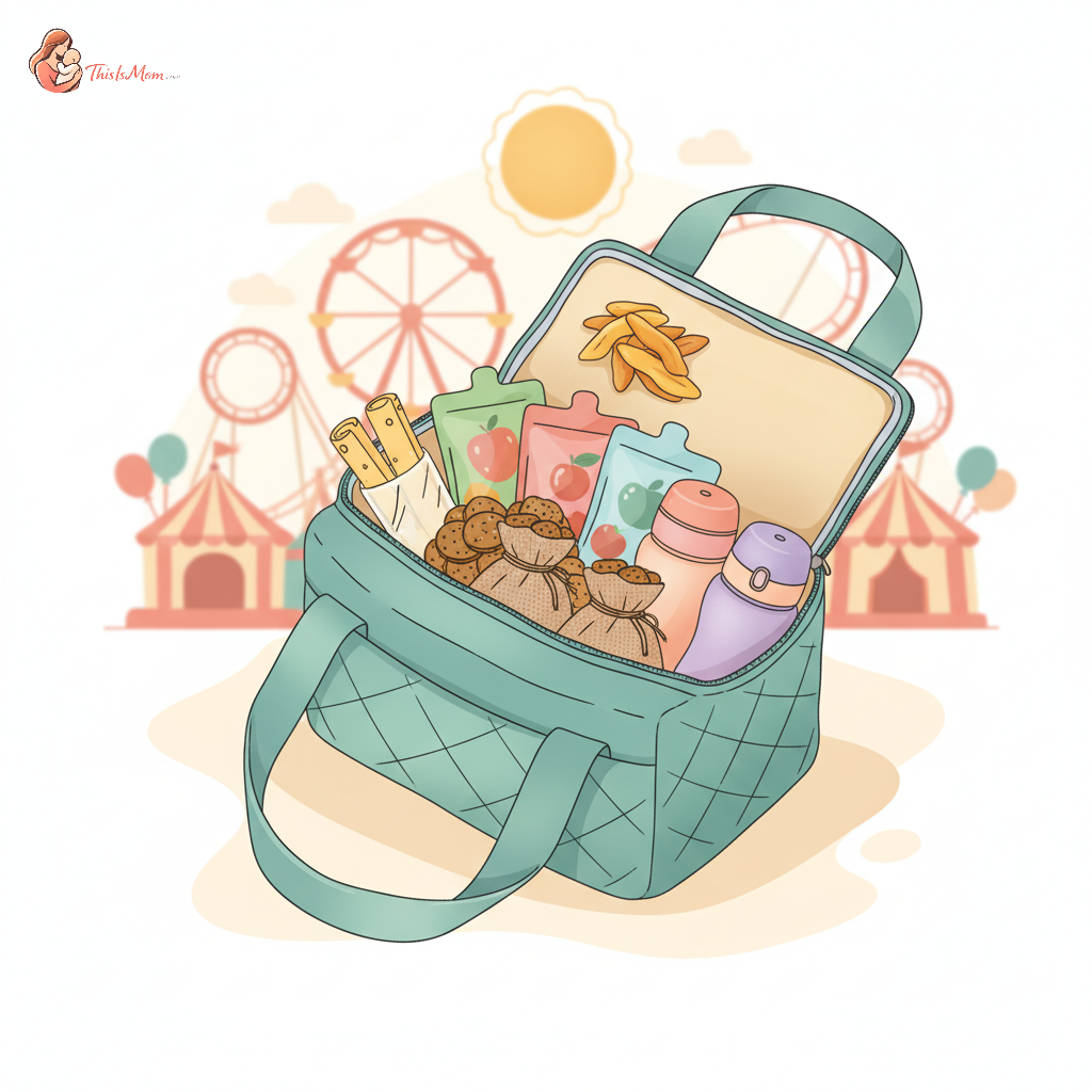 Close-up of a variety of colorful, healthy toddler snacks packed in small, portable containers and pouches, ready for an amusement park trip.