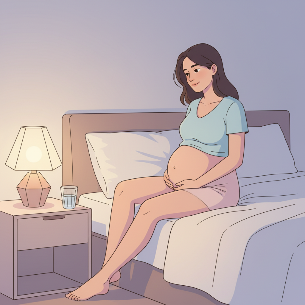 Pregnant woman in her third trimester gently stretching her legs in bed, looking tired but determined, with soft lighting and a warm blanket.