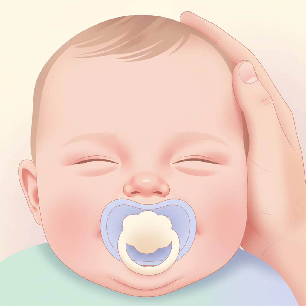 A calm, happy breastfed baby gently sucking on a pacifier designed to mimic a mother's nipple, held by a parent's hand.