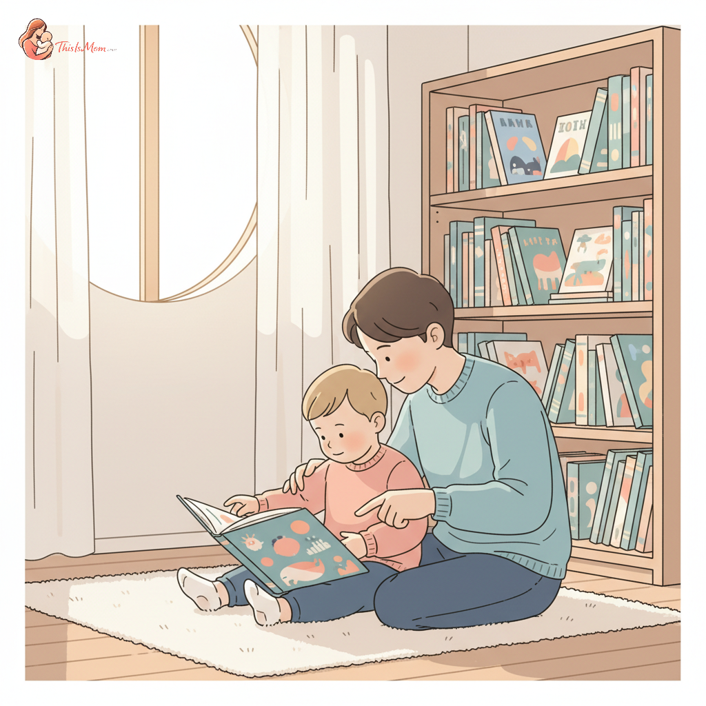 Toddler happily pointing at a colorful picture book held by an adult in a cozy reading nook, surrounded by other children's books