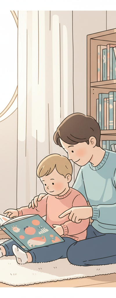 Toddler happily pointing at a colorful picture book held by an adult in a cozy reading nook, surrounded by other children's books