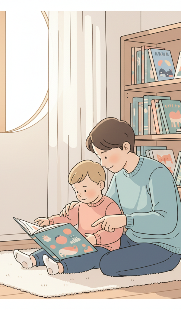 Toddler happily pointing at a colorful picture book held by an adult in a cozy reading nook, surrounded by other children's books