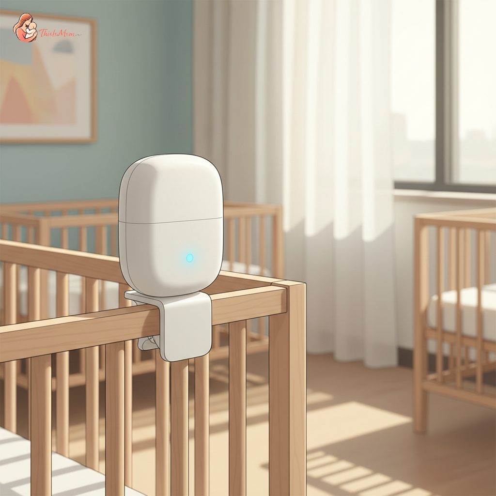 A compact portable white noise machine with a clip attached to the side of a baby's crib in a bright, clean daycare room, with other cribs softly blurred in the background