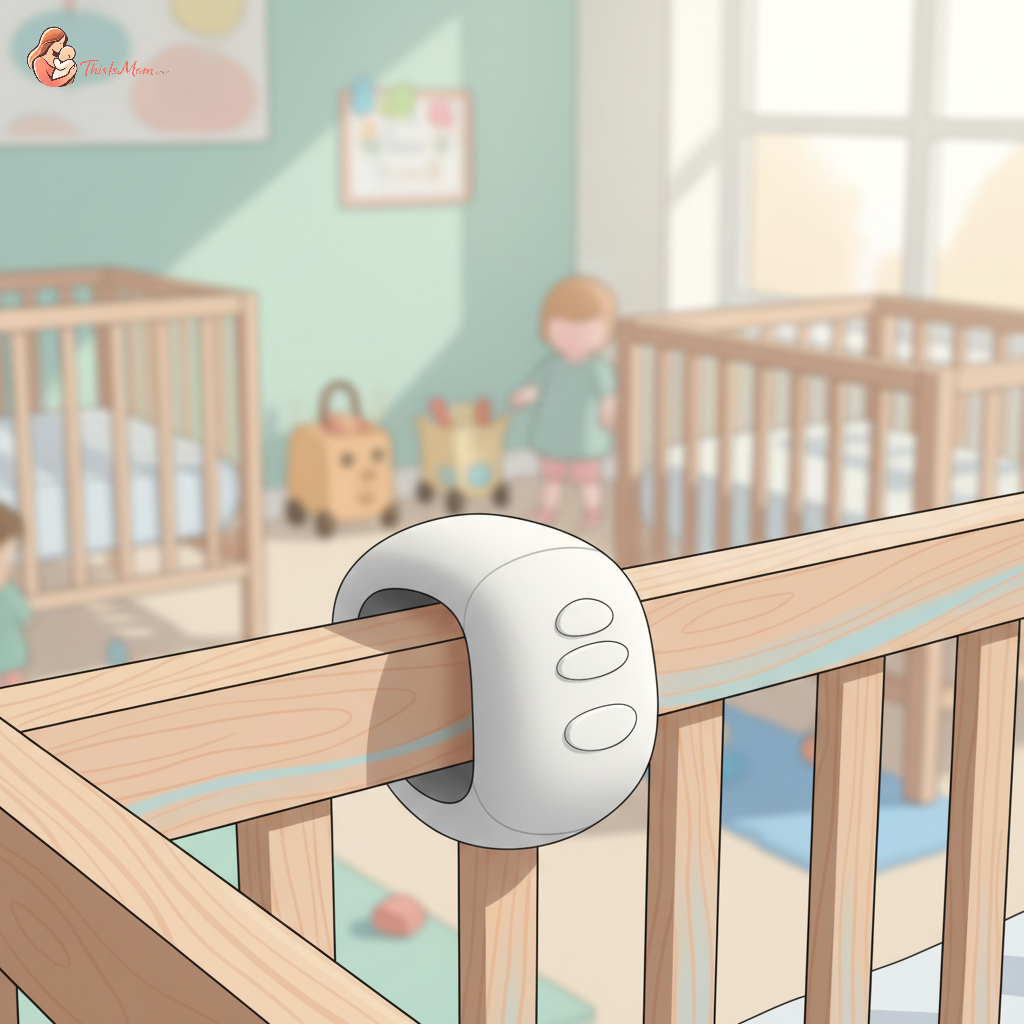 Yogasleep Hushh portable white noise machine clipped to the side of an infant's crib at a daycare center.