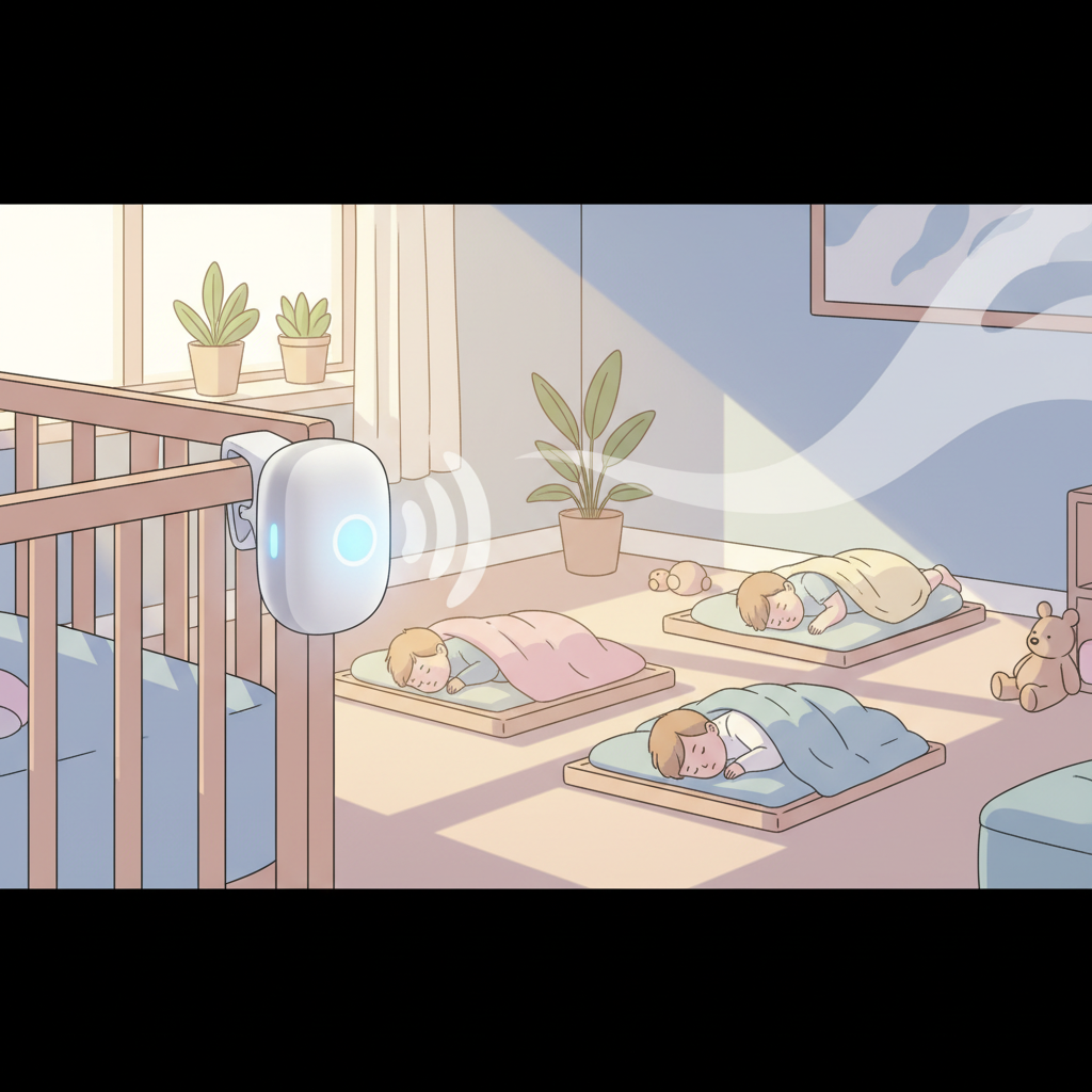 A compact, portable white noise machine with a rechargeable battery clipped onto a crib rail, with soft daylight filtering into a quiet daycare room in the background.