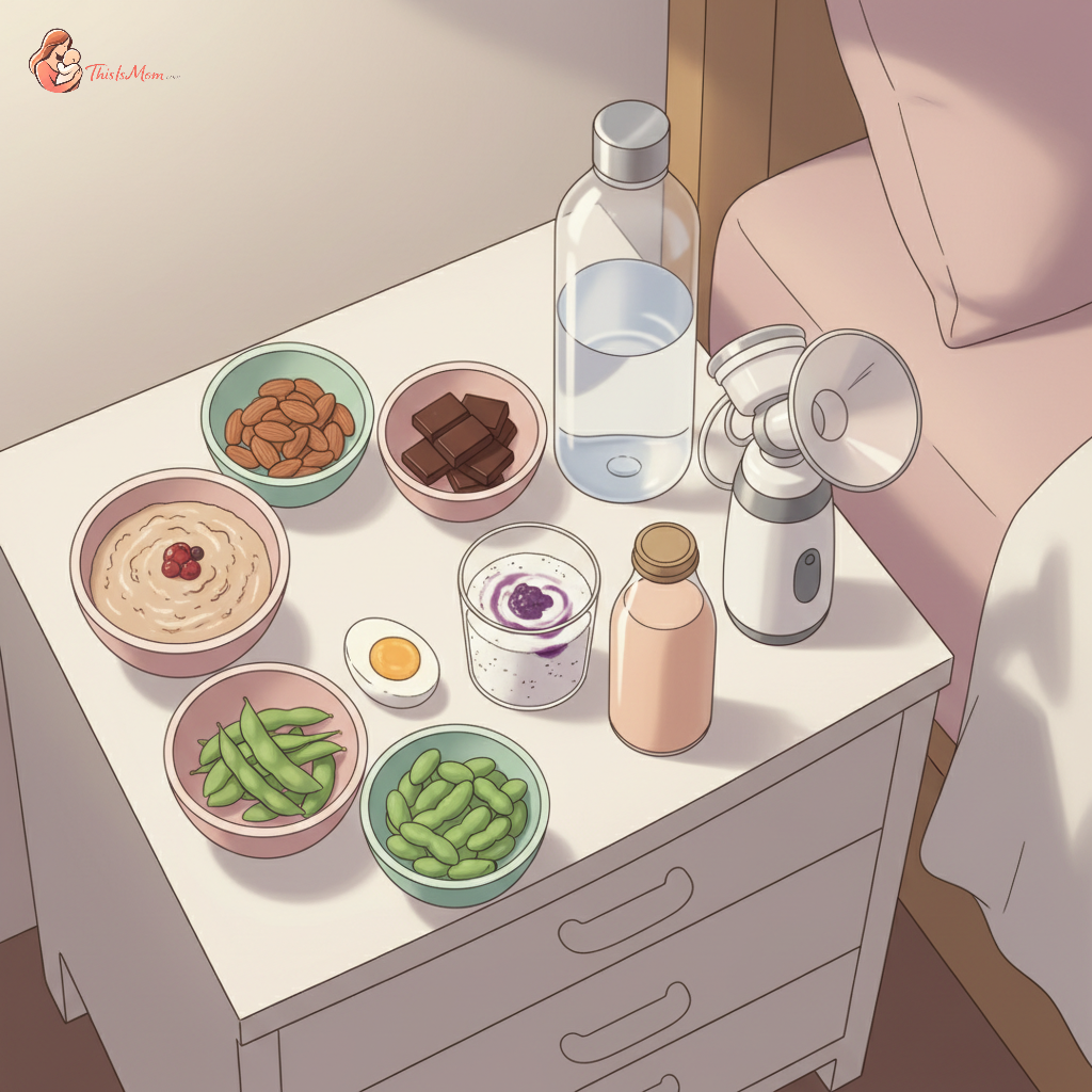Overhead shot of a nightstand with 7 different healthy snacks, a large water bottle, and a breast pump, all softly lit, suggesting a supportive night pumping setup.