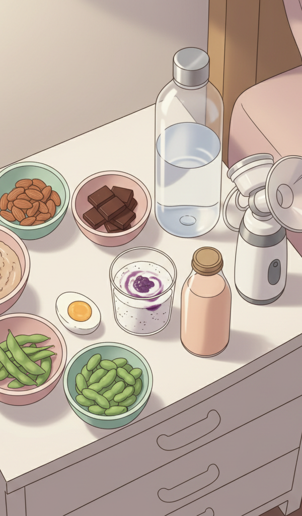 Overhead shot of a nightstand with 7 different healthy snacks, a large water bottle, and a breast pump, all softly lit, suggesting a supportive night pumping setup.