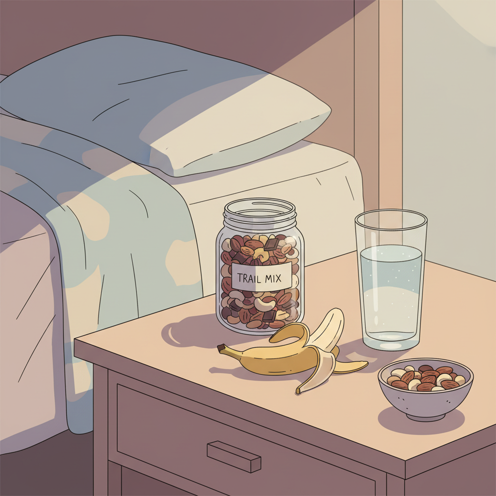 A nighttime bedside table stocked with easy-to-grab breastfeeding snacks