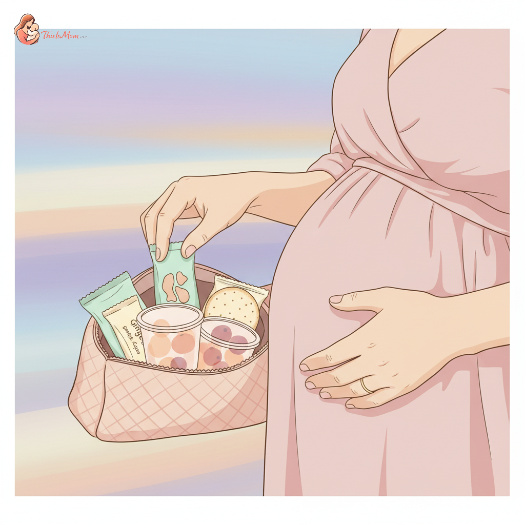 A pregnant woman, looking slightly pale but determined, reaching into a small travel bag for a snack. A half-eaten ginger chew is visible in her hand, with crackers and a small bottle of water beside her. The background is blurred, suggesting a car interior or airplane seat, conveying the idea of travel and relief.