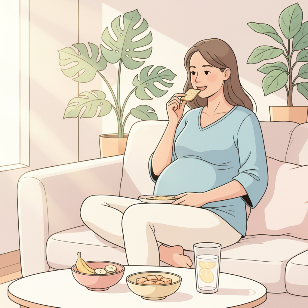 Pregnant woman in her second trimester looking relieved while eating a bland snack like crackers or toast, surrounded by other nausea-friendly food options on a soft-colored blanket in a cozy, bright setting.