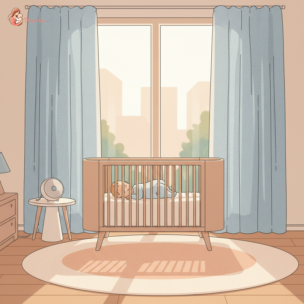 A peaceful baby sleeping soundly in a crib within a modern apartment nursery, with a subtle white noise machine on a nearby shelf.